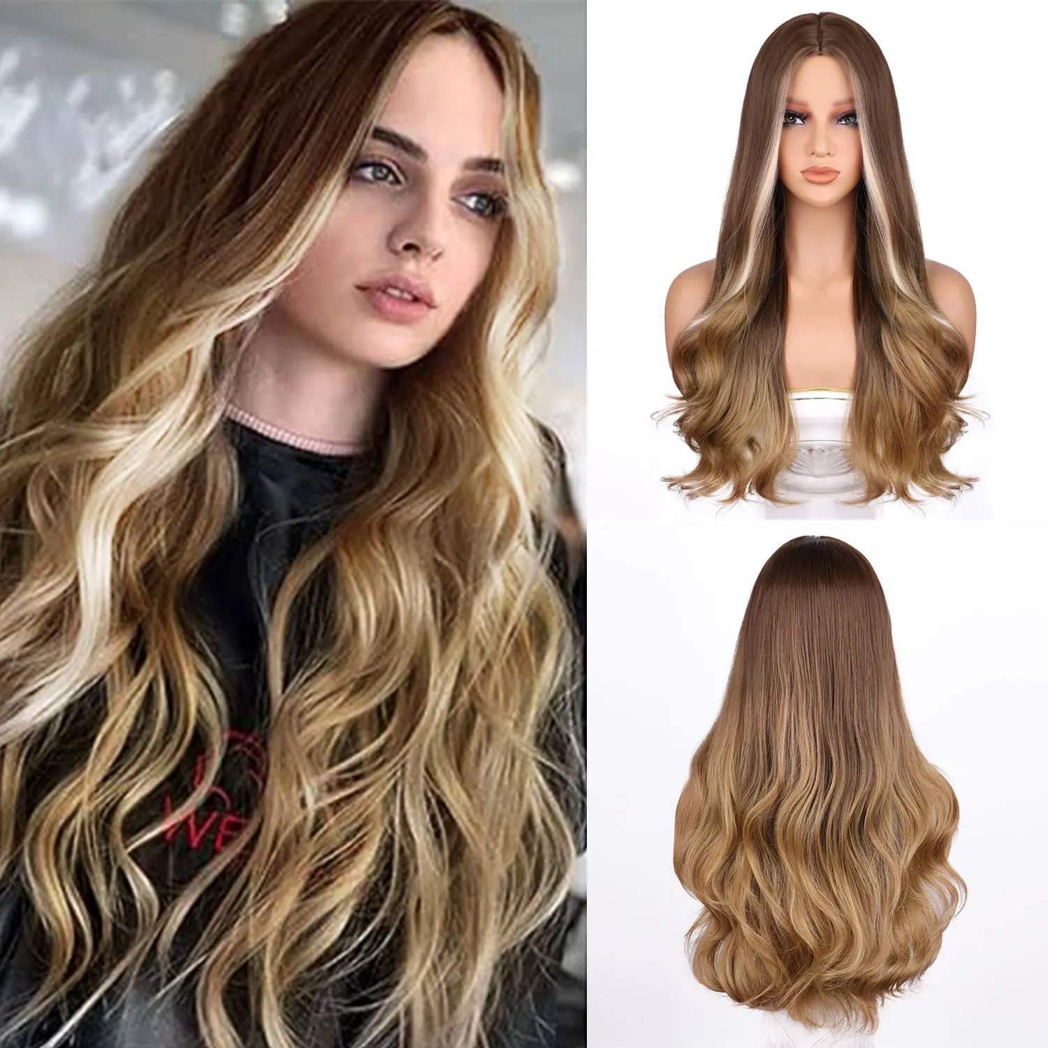 

European and American fashion women's wig two-color gradual change air bangs big waves long curly hair high temperature silk che