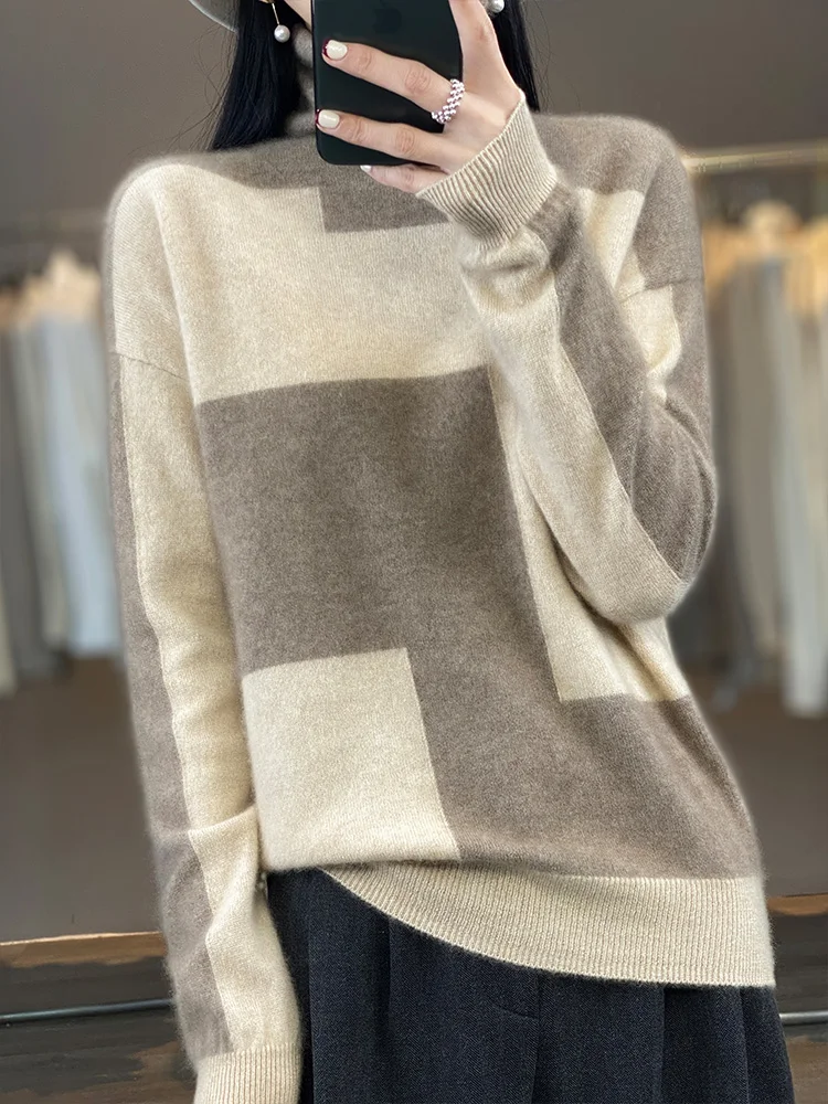 100% Merino Wool Sweater Women\'s High Collar Contrast Pullover Casual Loose Autumn Winter Jacket Fashion Korean Female Clothing