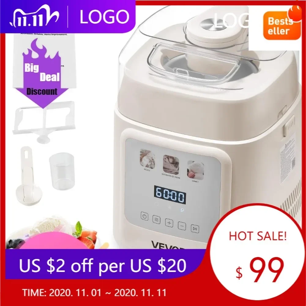 

VEVOR Self-Chilling 1 Quart Ice Cream Machine: Automatic Gelato & Frozen Yogurt Maker with Integrated Compressor