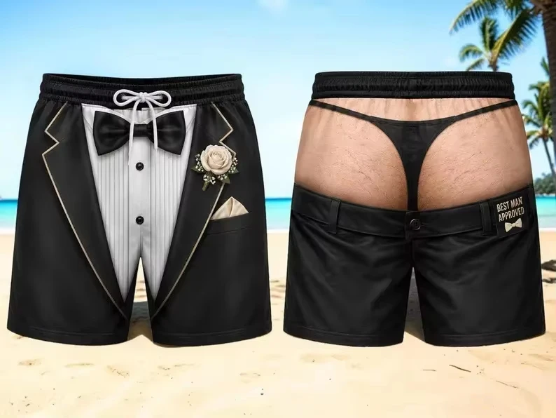 Funny Fake Thong Print Beach Shorts Summer Hawaiian Casual Swim Trunks Novelty Party Board Shorts Quick Dry Surf Swimwear Moto
