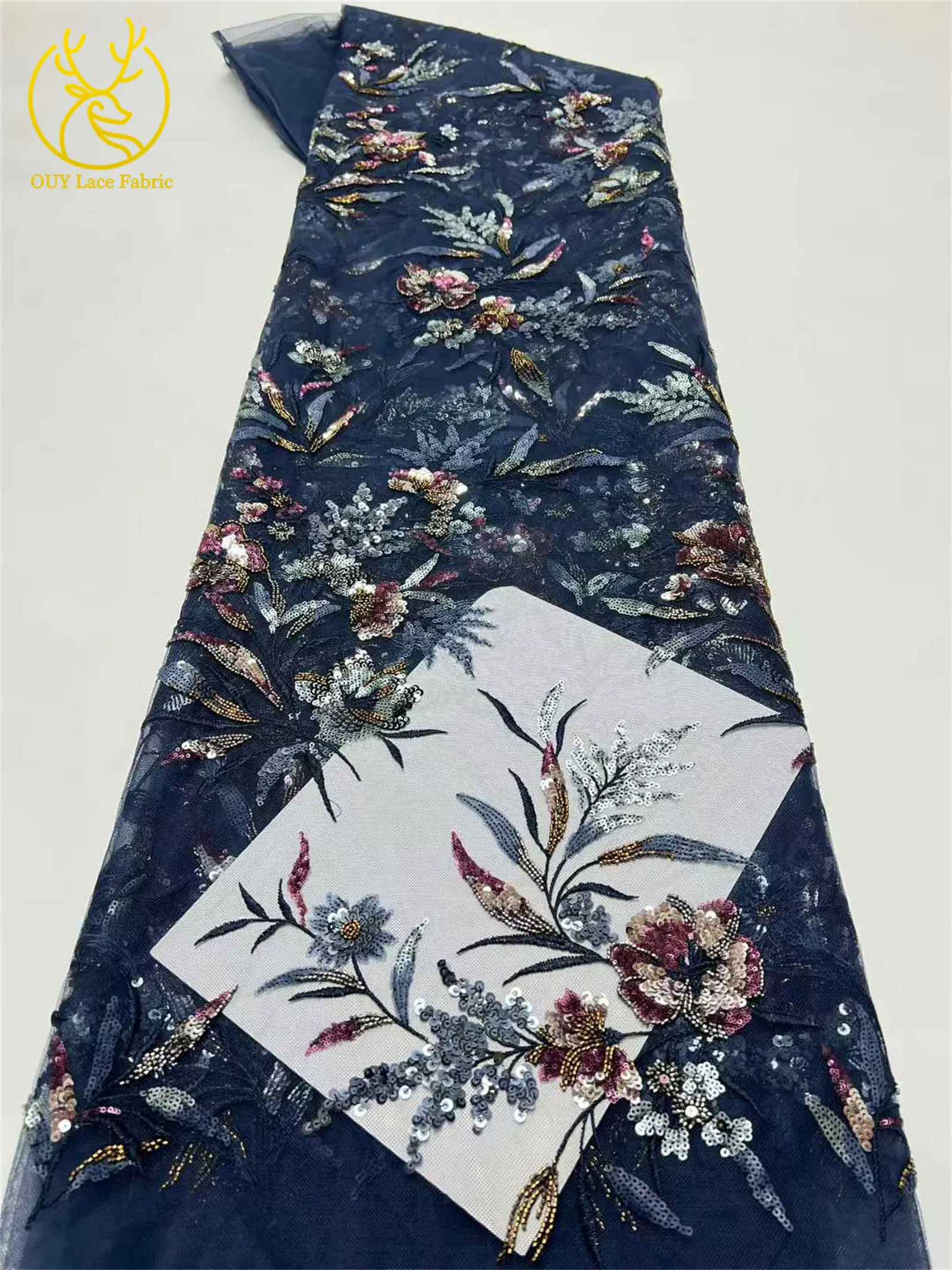 Neuester mit Pailletten bestickter Spitzenstoff 2026 Hochwertiger nigerianischer Perlen-Spitzenstoff, geeignet für Damen-Hochzeitskleider, 5 Yards – Detail 15