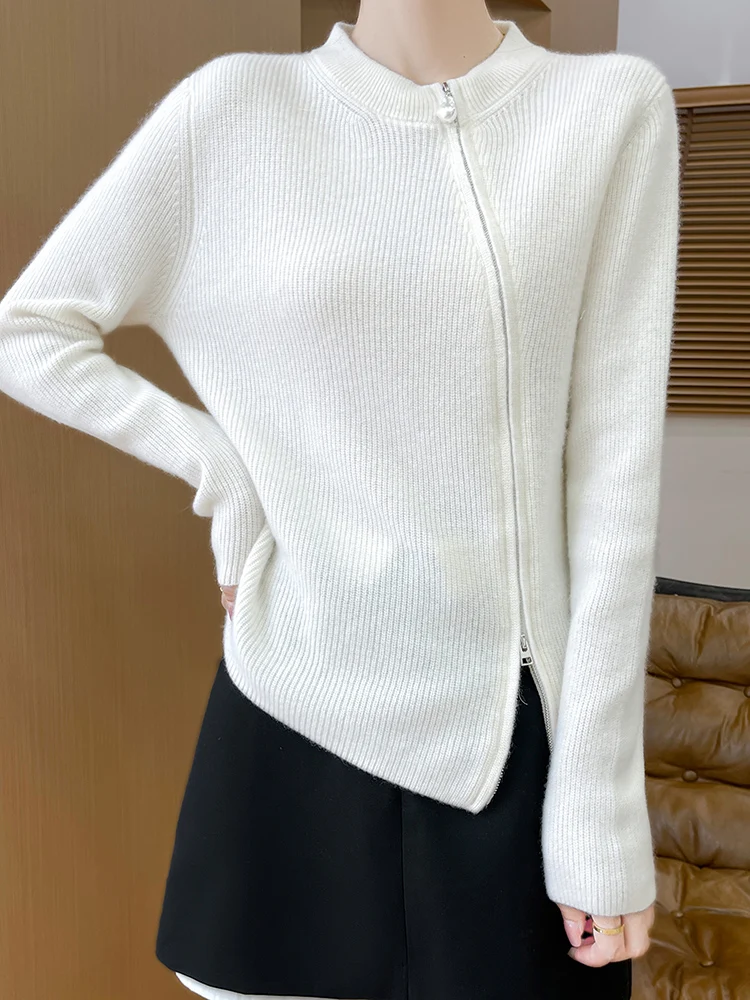 New Fashion Women Zipper Cardigan Autumn Winter O-neck Long Sleeve Cashmere Sweater 100% Merino Wool Knitwear Korean Style Tops