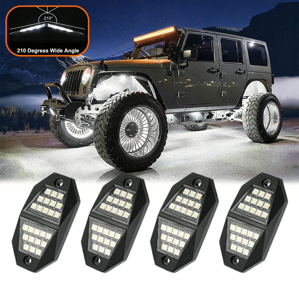 

210° Wide Angle White Rock Lights 4/8/10Pods, 24 LED Chips Car Underbody Lighting, 6000K White, For Trucks Trailer SUV ATV UTV
