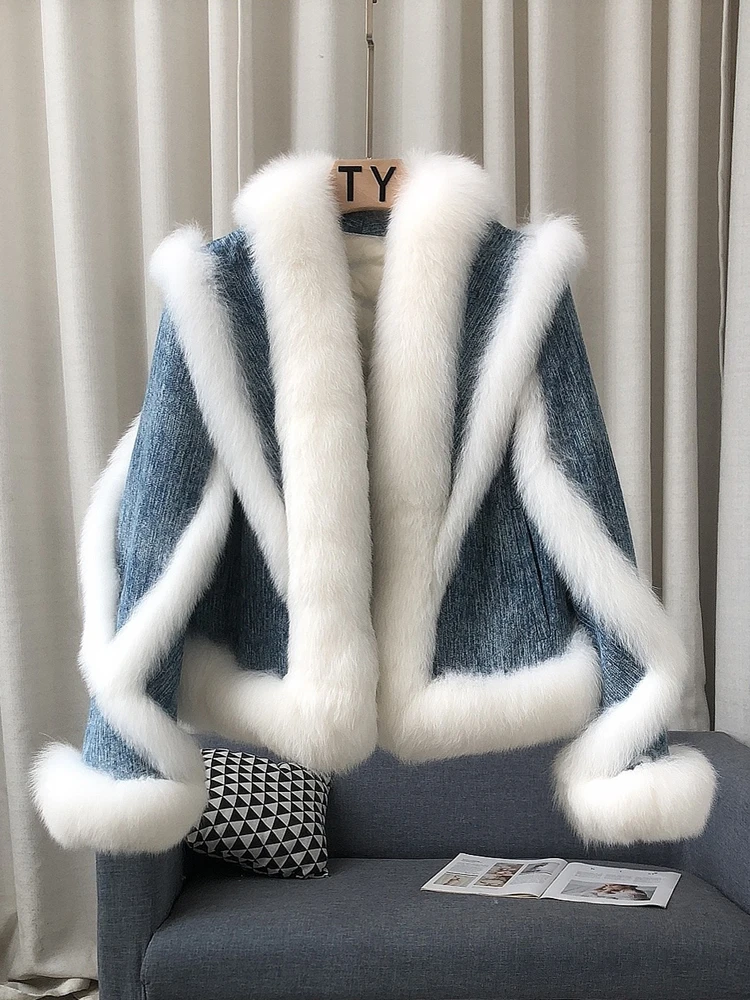 2024 New Real fur,Vintage Denim Patchwork Natural Fox Fur Short Jacket For Women High Quality Fall Winter Duck Down Parka Female