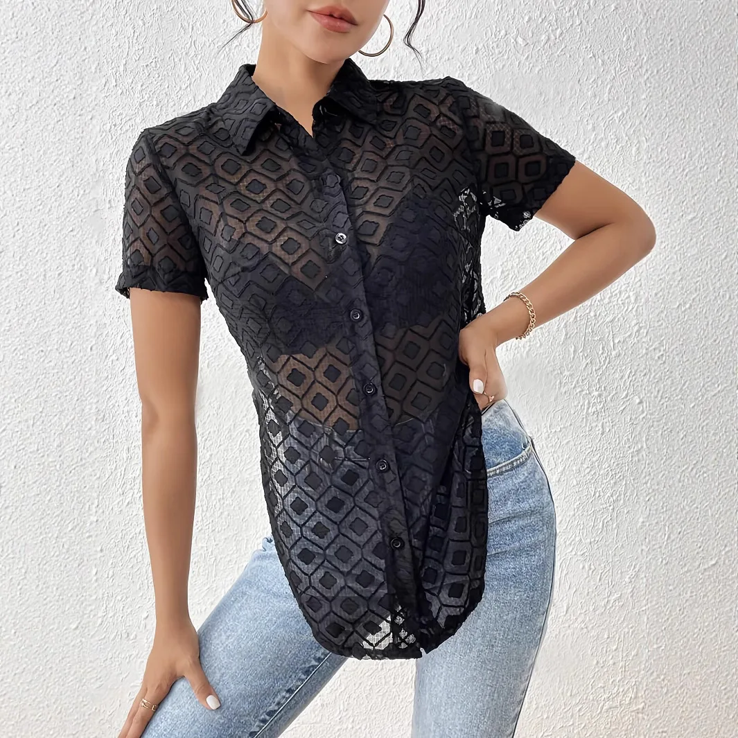 2025 Summer New Solid Color Fashion Jacquard Chiffon Hem Split Short-sleeved Shirt Women's Top Cw11513