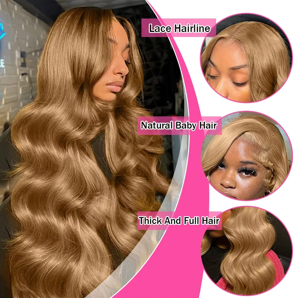 بيرو 34 36 بوصة العسل شقراء 13x6 HD الدانتيل الجبهة خصلات الشعر المستعار الإنسان # 27 لون الجسم موجة غلويليس 13x4 الدانتيل الباروكة الخطية للنساء #4