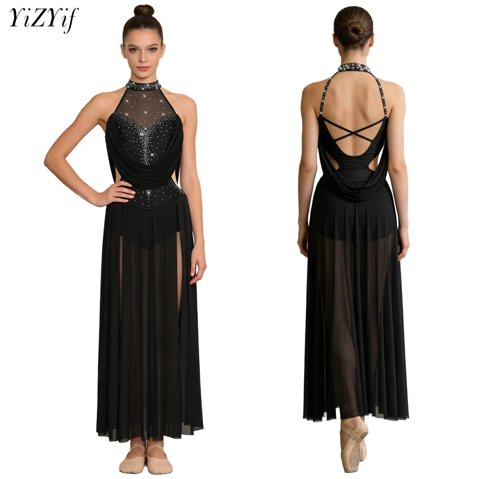 

Женское платье для лирического танца, фигурного катания, балета, современного танца, с открытой спиной, без рукавов, с блестящими стразами, макси-платье, купальник