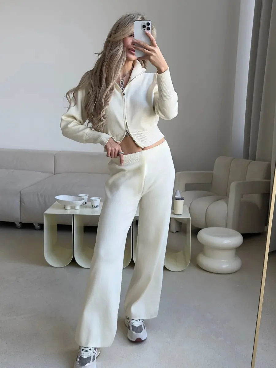 2025 Autumn Winter Knitted Two Piece Set Female Long Sleeve Zipper Sweater Cardigan Casual Trousers Knit Outfits Lady