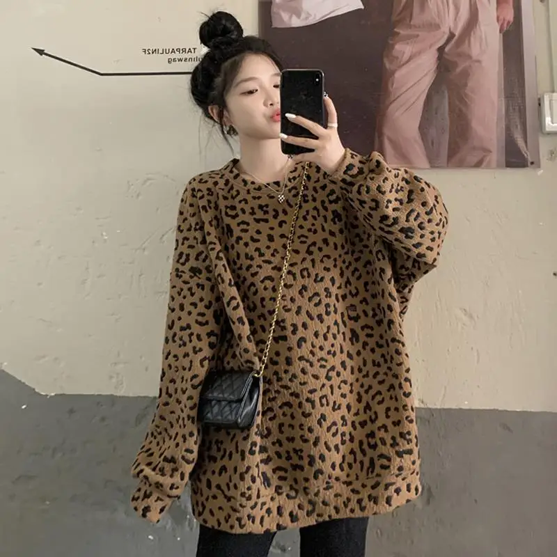 Trend Leopard Thick Loose Sweatshirts Femme Korean Pullover O-neck Long Sleeve T-Shirt Autumn Winter 2023 New All-match Top Tee