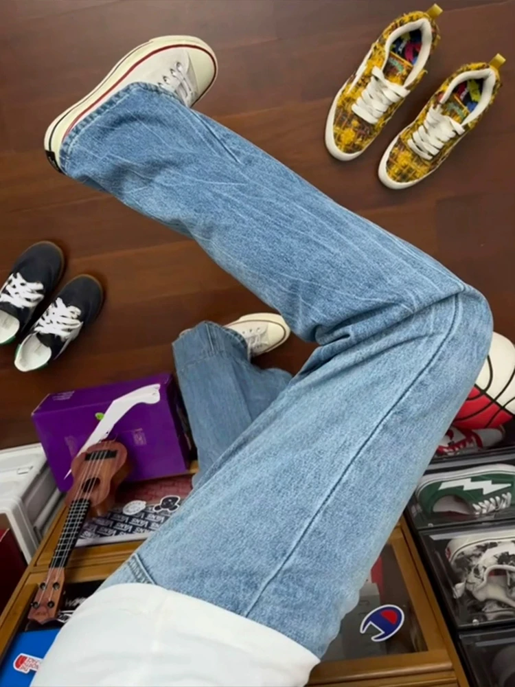 

Blue Lightning Pattern Men's Jeans High Street Style Straight Leg Slim Fit Micro Flare Pants Autumn Season Casual Wear