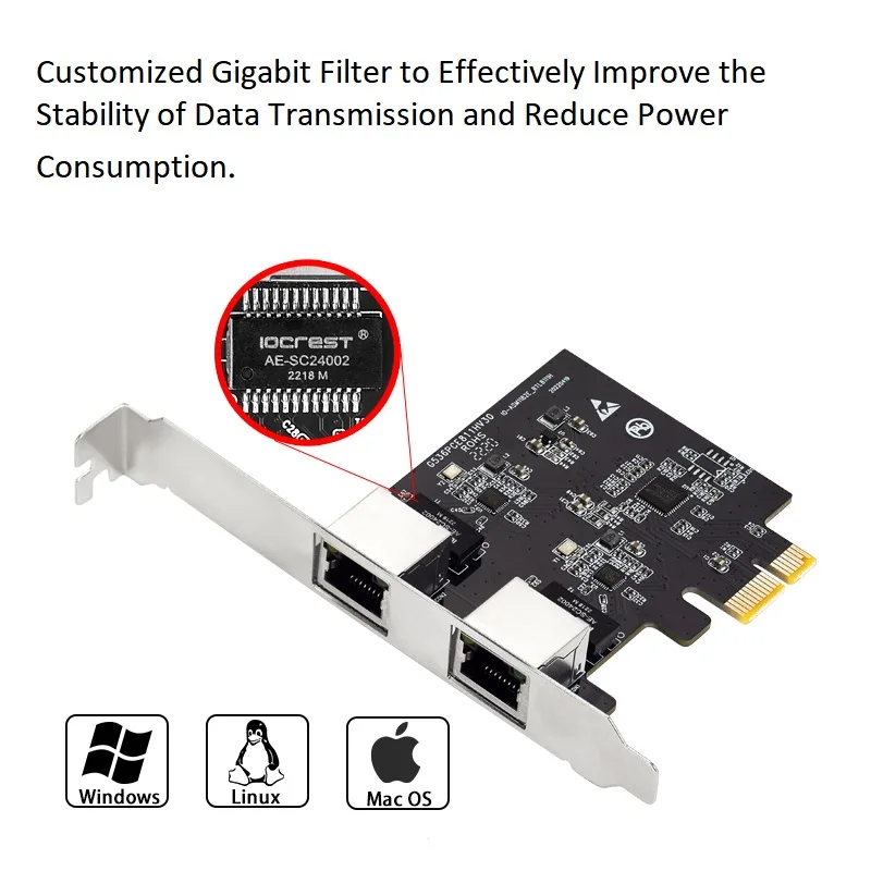 IOCREST PCIe 2 Port 1G Gigabit Ethernet Server Network Card RTL8111h Chips rj45 Dual Port Lan Adapter NIC 10/100/1000Mbps