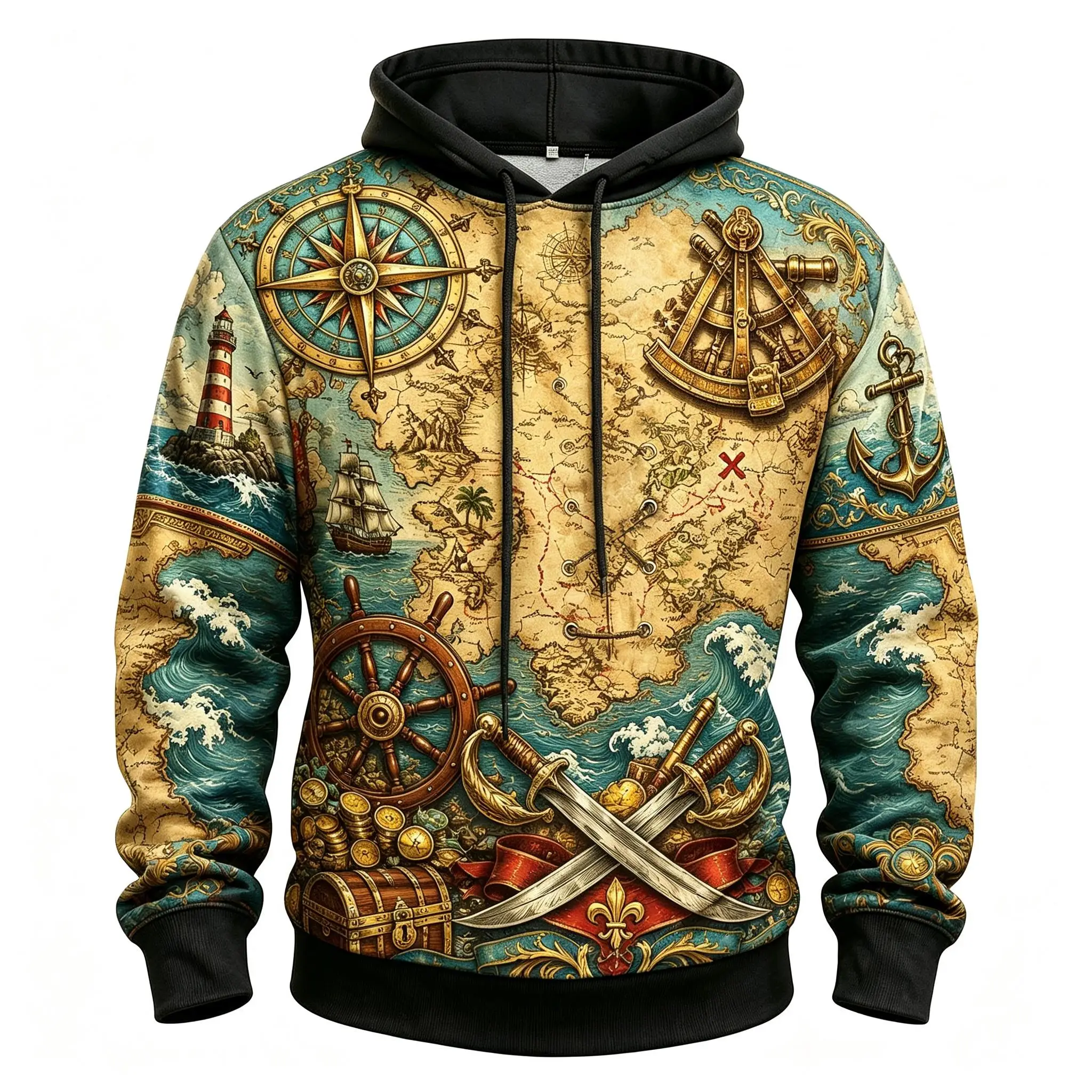 Men's Retro Treasure Map Pirate Compass Anchor Full Print Hoodie Gothic Long Sleeve Drawstring Sweatshirt For Streetwear
