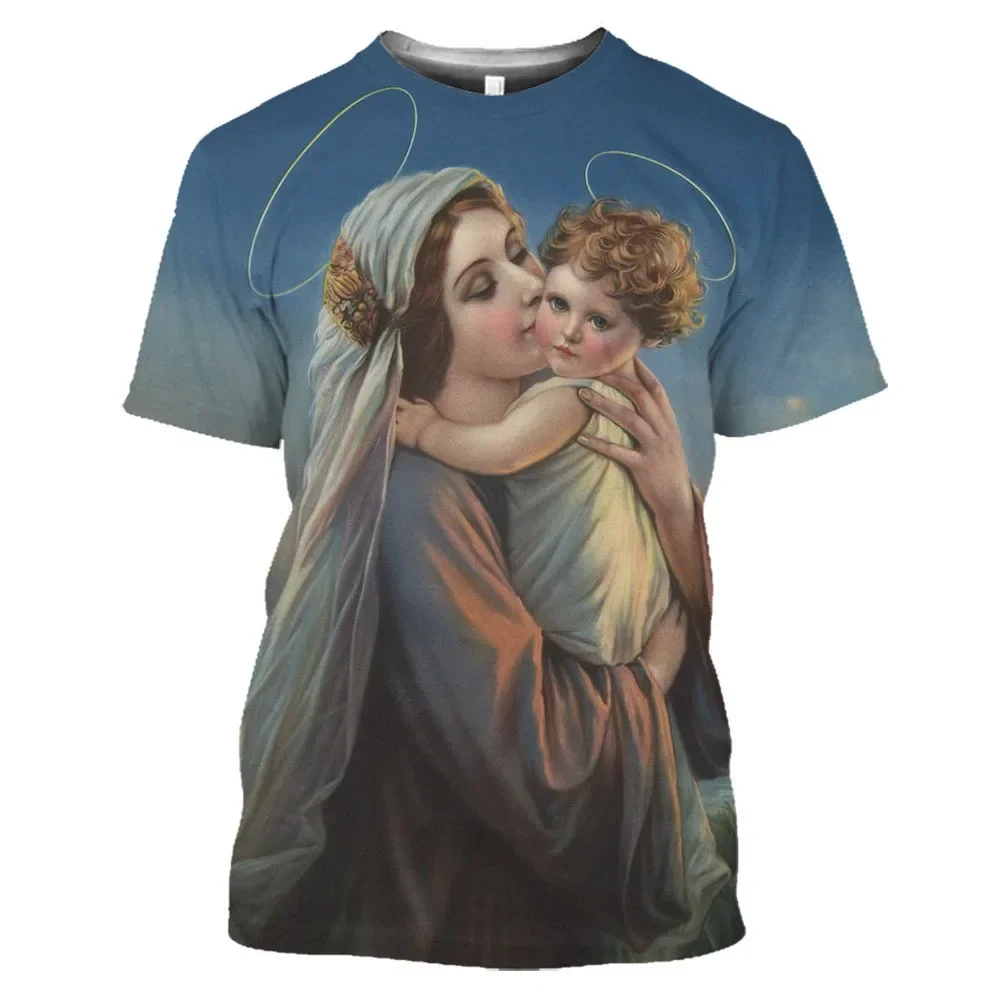 Summer Catholic Polyester O-collar loose short sleeve oversized Comfortable Top Men's 3d printed T-shirt Virgin Mary Guadalupe