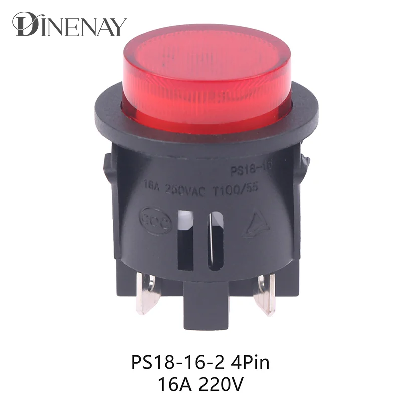 Red Push Button Switch With Light 4 Pins Touch Power Switch 16A 250V Electrical Round Rocker Switch 28*23.2mm PS18-16-2