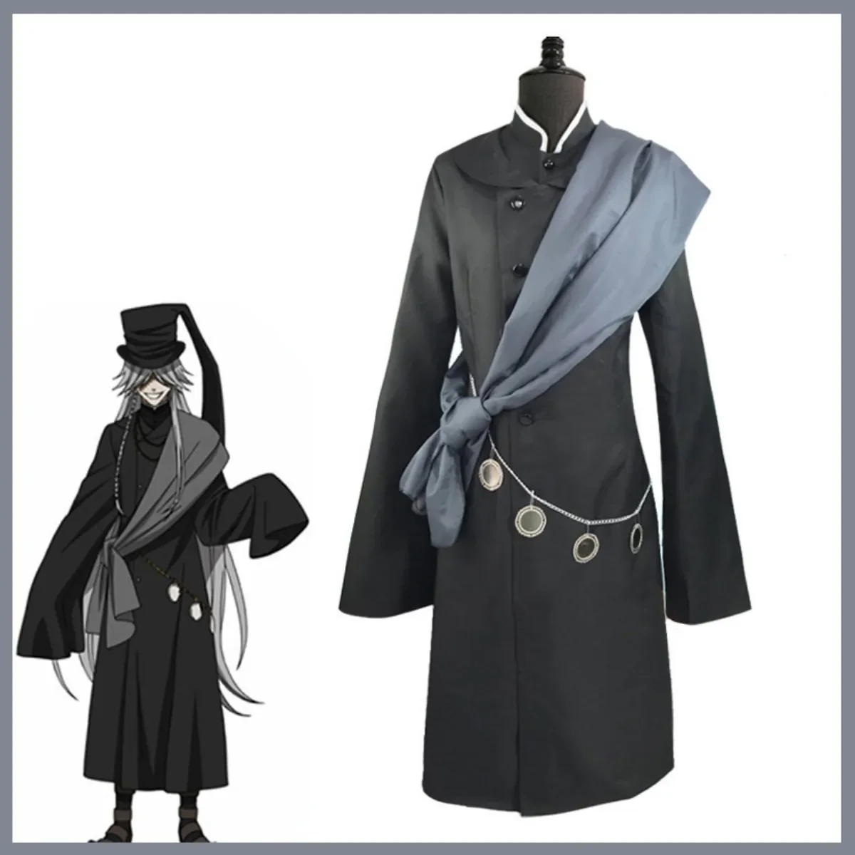 Anime Black Butler Under Taker Cosplay Costume Silvery Wig Black Robe Shawl Uniform Hat Adult Man Halloween Christmas Suit