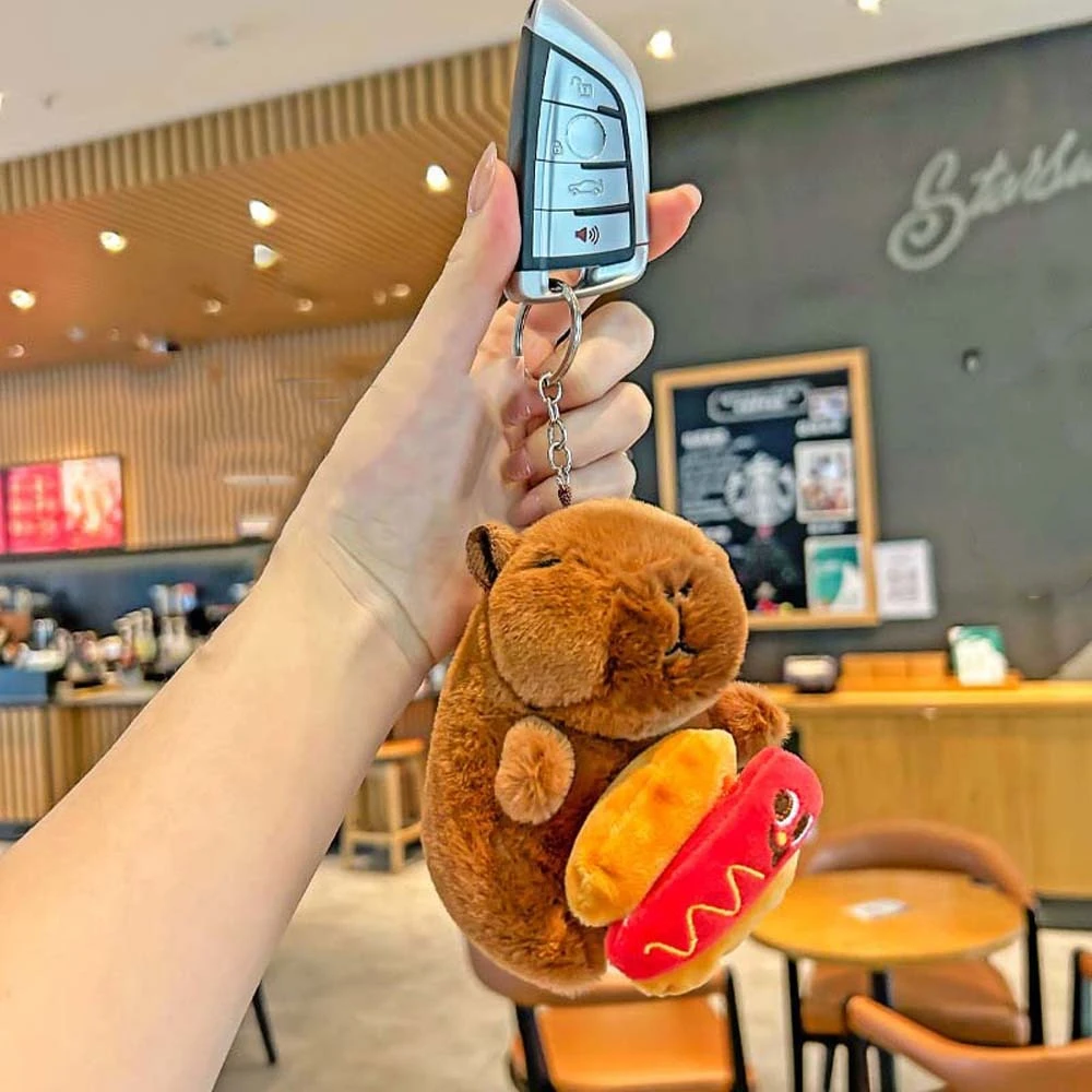 

Brown Soft Capybara Key Ring Funny Hamburger Plush Animal Pendant Fur French Fries Cartoon Doll Keychain Girls