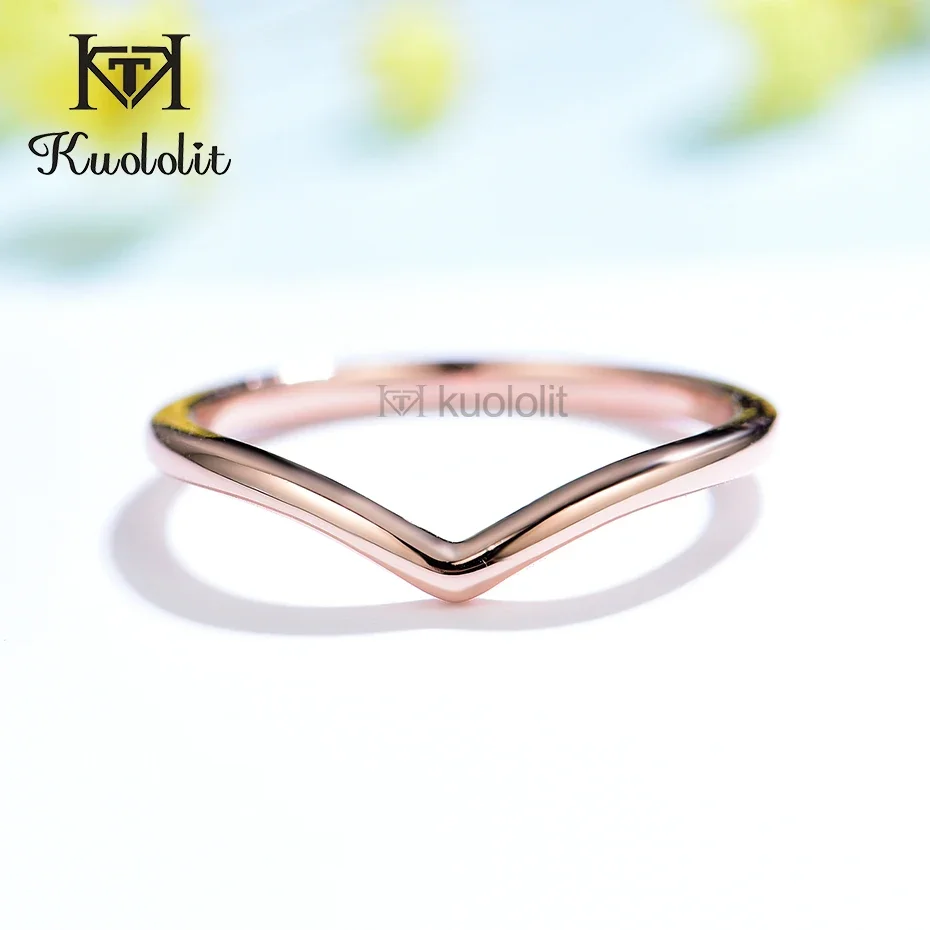 Kuololit Solid 18K 14K Rose Gold V Band Ring for Women Luxury Geometric Matching Wedding Diamond Band Engagement Christmas Gift