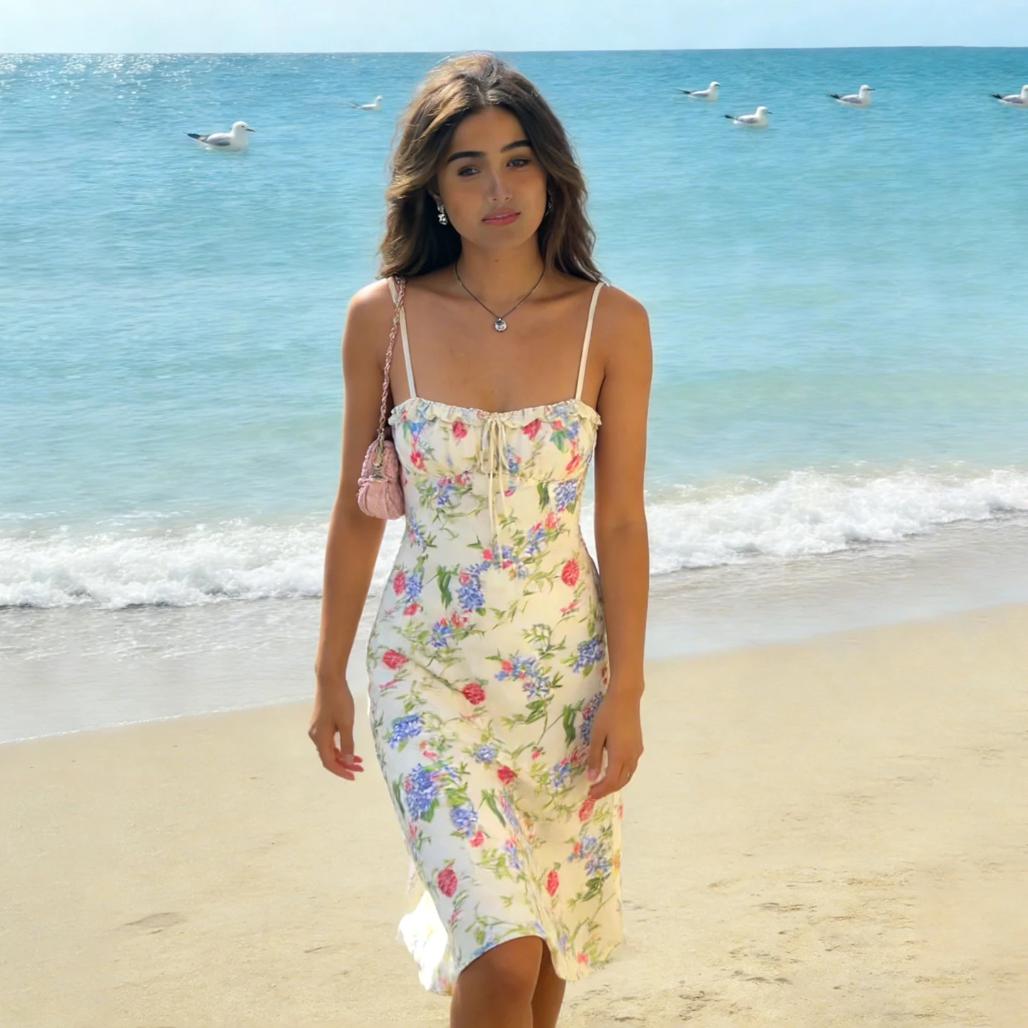 

Holiday Floral Camis Dress Beach Style Slim Slash Neck Sleeveless Midi Dresses For Women 2026 Summer Fashion Streetwear Ladies