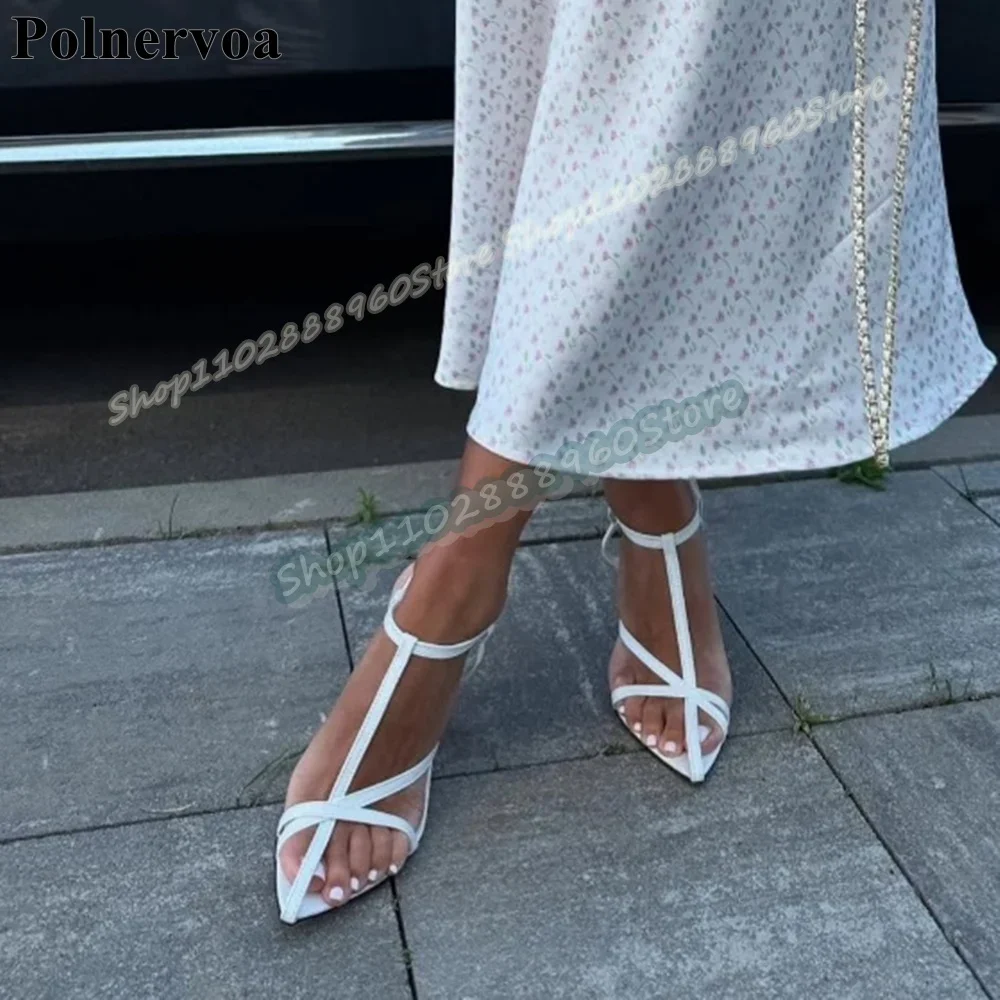 

White Narrow Leather Strap Pointy Sandals Stilettos High Heel Shoes For Women Ankle Buckle Strap Pointed Toe Casual Sandals