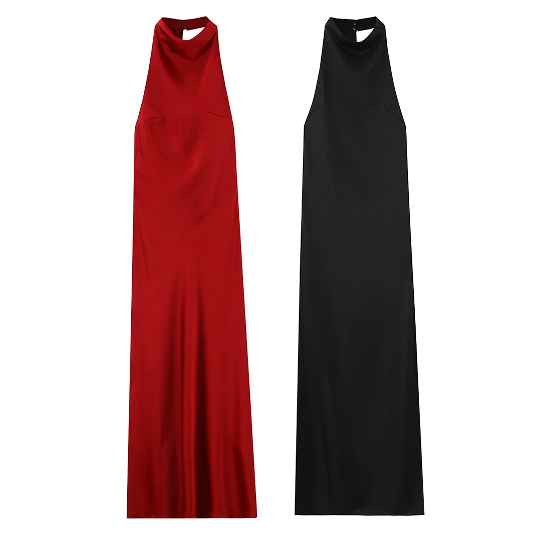 KASLEAD New Faionable Silk Satin Long Dr Hanging Collar Women's High Waist Fairy Skirt Sle No Sve Slim Fit Dr