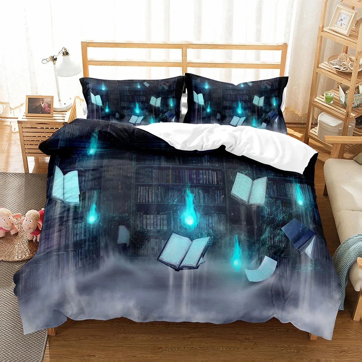 Magic Book Duvet Cover Set Purple Light Book Comforter Cover Lightweight Polyester Quilt Cover with Pillowcase for Boys Teens