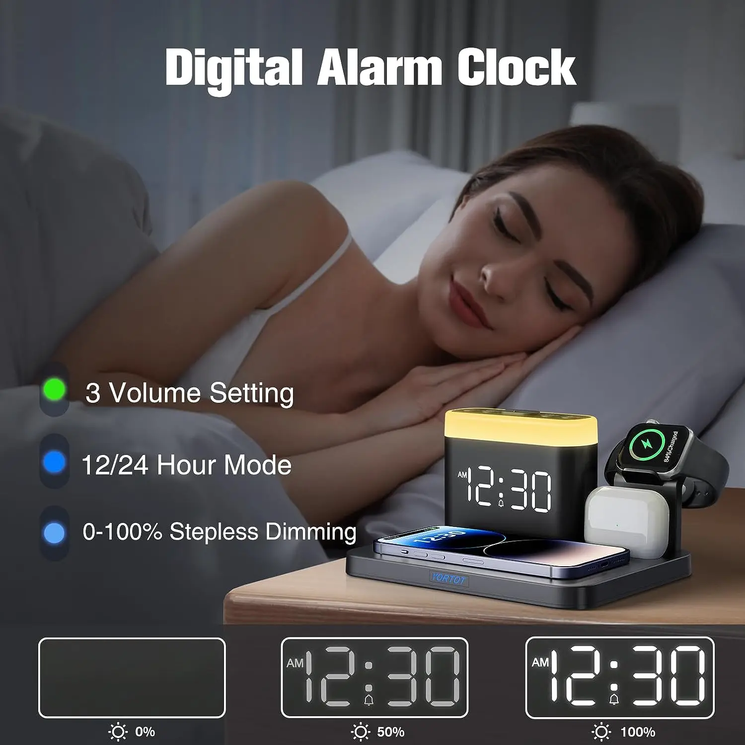 

5 in 1 Digital Alarm Clock Wireless Charging Alarm Clock 15W Fast Charger Room Decor 7 Night Light Bedside Lamp Phone Charger