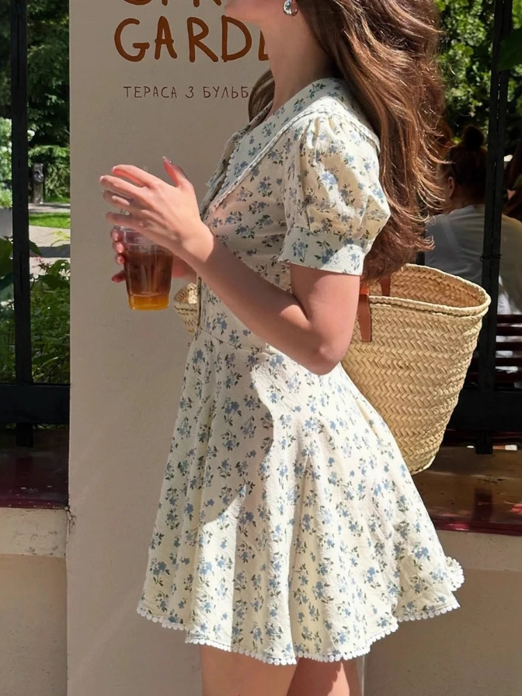 Mini vestido estampado elegante Tossy para mujer, cuello Peter Pan, mangas abullonadas, estilo princesa, contraste, cintura alta, vestido de fiesta para mujer