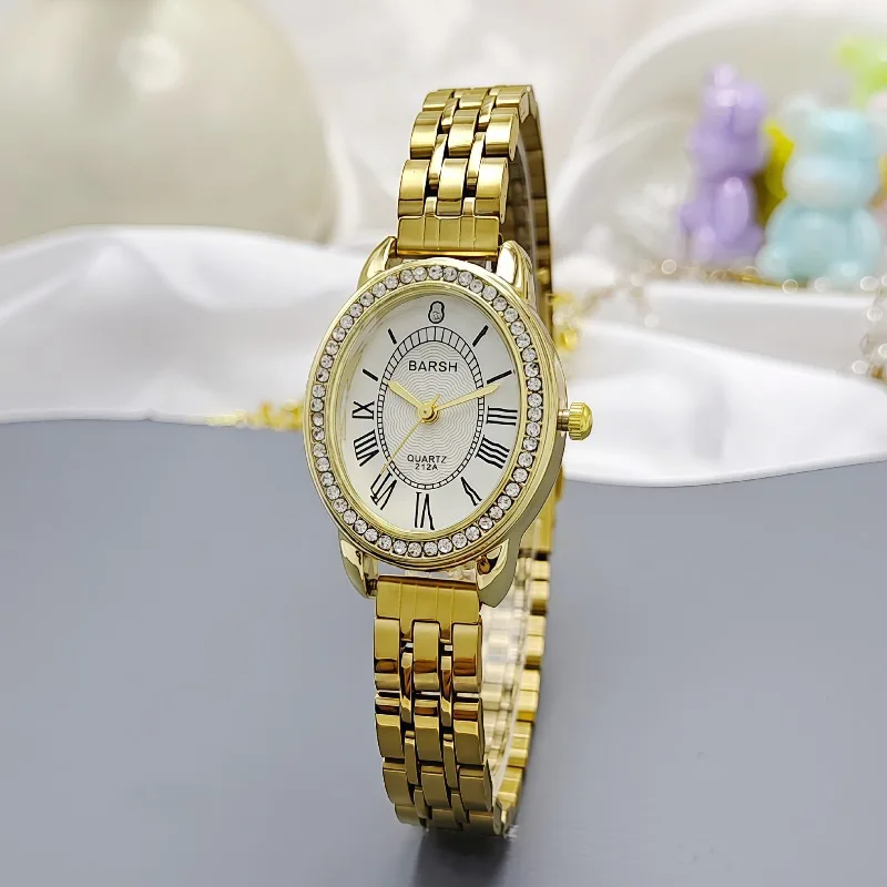 

Брендовые кварцевые часы, модные инкрустированные бриллиантами часы с овальным циферблатом для женщин, кожаный ремешок из нержавеющей стали, женские наручные часы, подарок