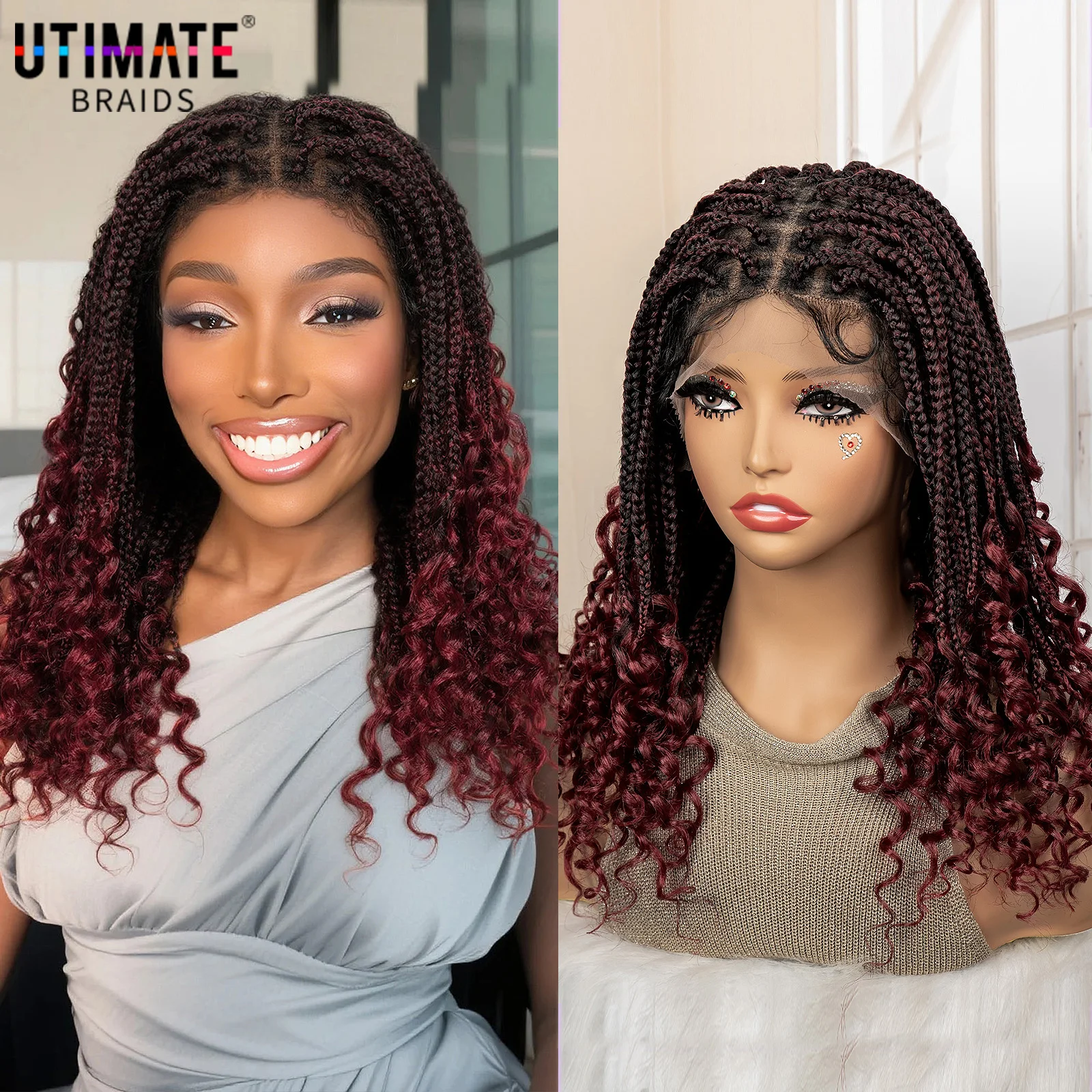 Synthetic Square Knotless Braided Wigs with Boho Ends for Women 16 Inches Synthetic Full Lace Box Braided Wigs for Black Women