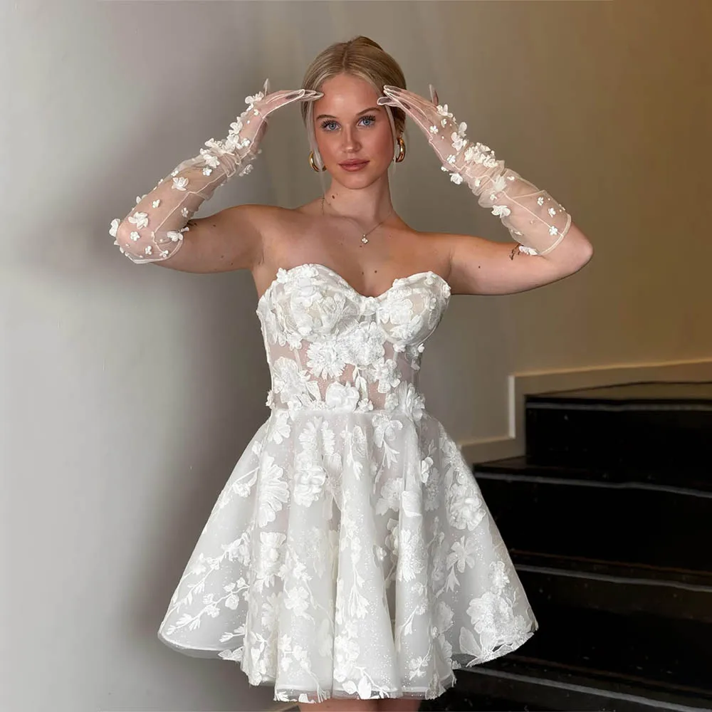 

Polular Sweetheart 3D Flower Lace Applique Short/Mini Wedding Dresses Custom Made Party Prom Wear
