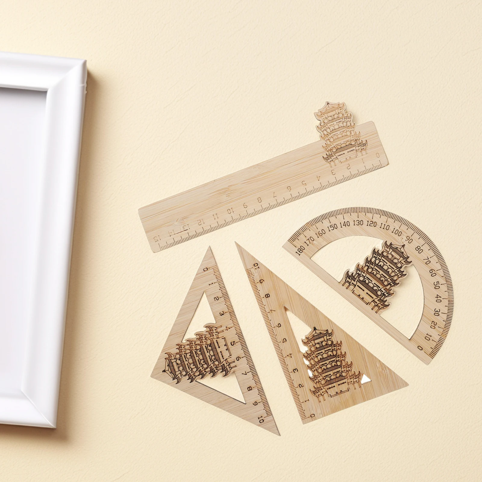4 Buah Penggaris Bambu Desain Menara Burung Angsa Kuning Cina Multi Fungsi Geometri Matematika Busur Derajat Alat Ukur Gambar