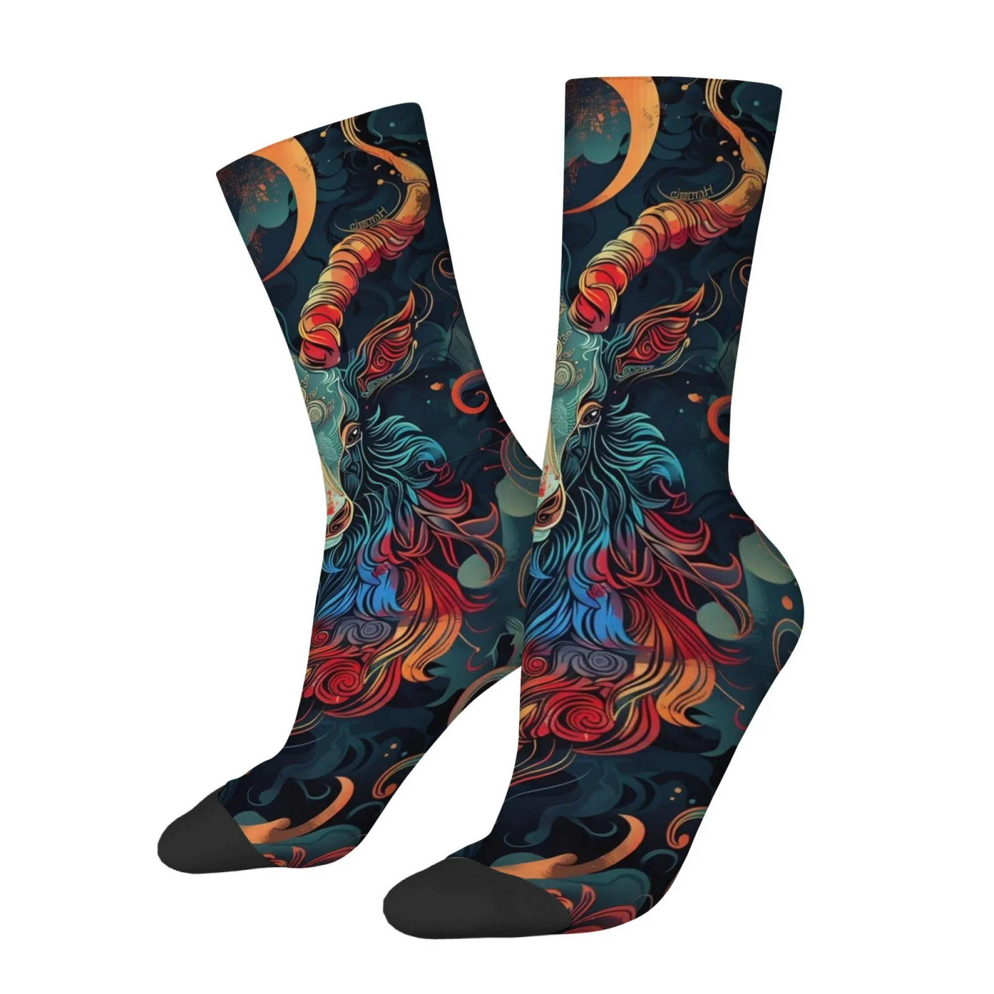 Mysterious Ram's Head Totem Crescent Moon Myth Mid-Calf Socks  Blue and Red Color Unique Style Comfortable Socks for Home Wear