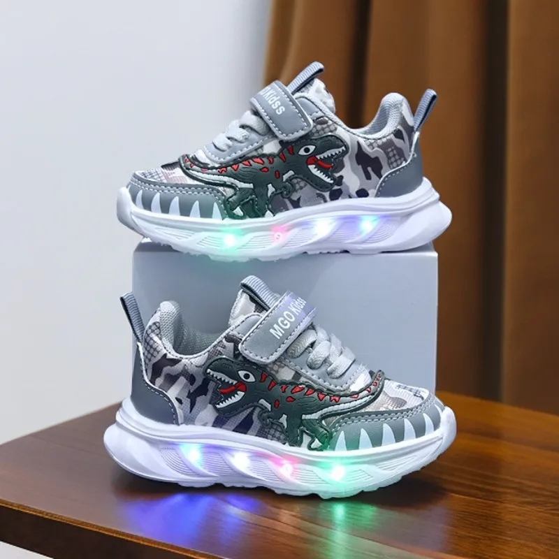 Spring Children Cartoon Dinosaur Boys Casual Sneaker Kids Girls Mesh Breathable LED Light Shoes Soft Sole Baby Sports Shoes 1-6T