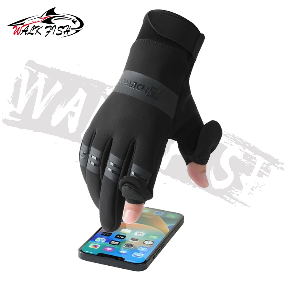 WALK FISH 1 Pair Waterproof Winter Fishing Gloves 2 Finger Flip Windproof Women Men Gloves Warm Protection Fish Angling Gloves