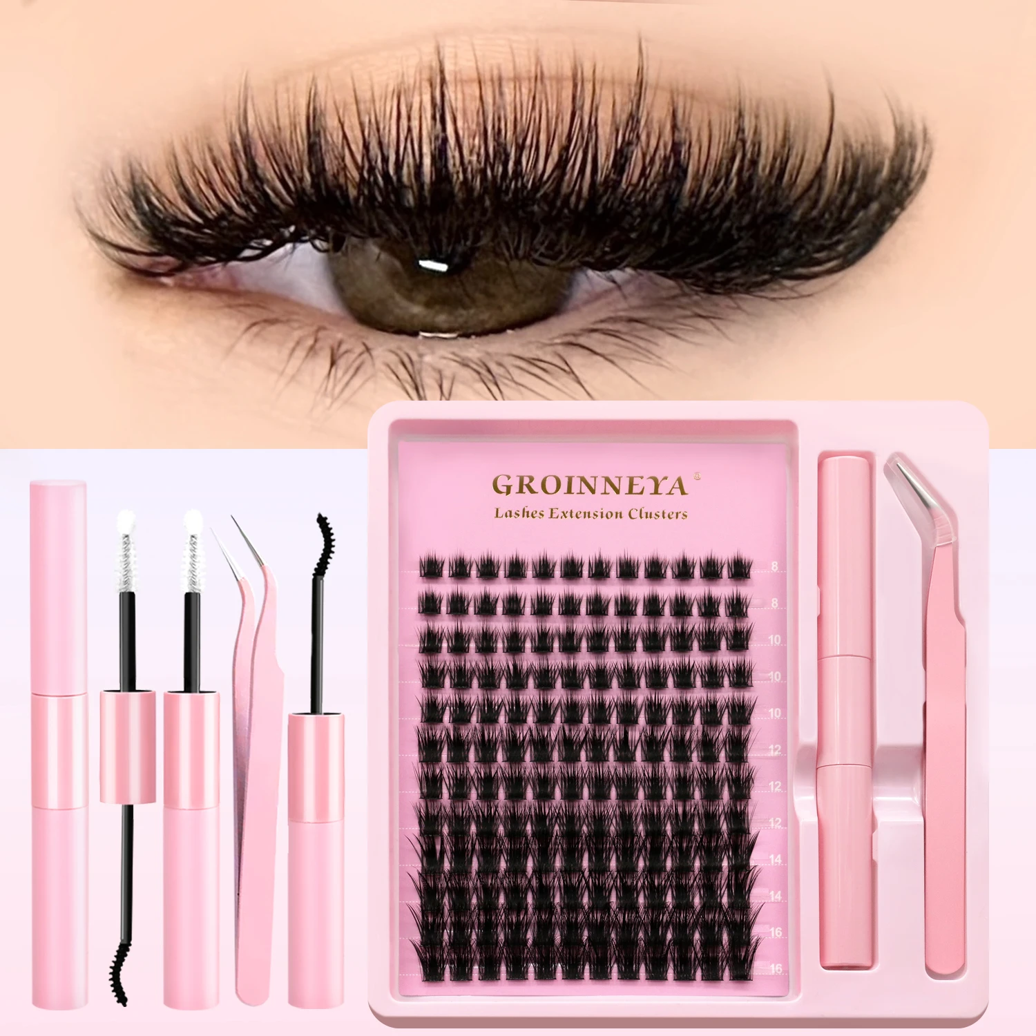 ​GROINNEYA​​ Fluffy DIY Cluster Lashes Kit Individual Eyelashes Lasting Eyelash Extension Lash Bond And Seal​​ Tools Easy Makeup