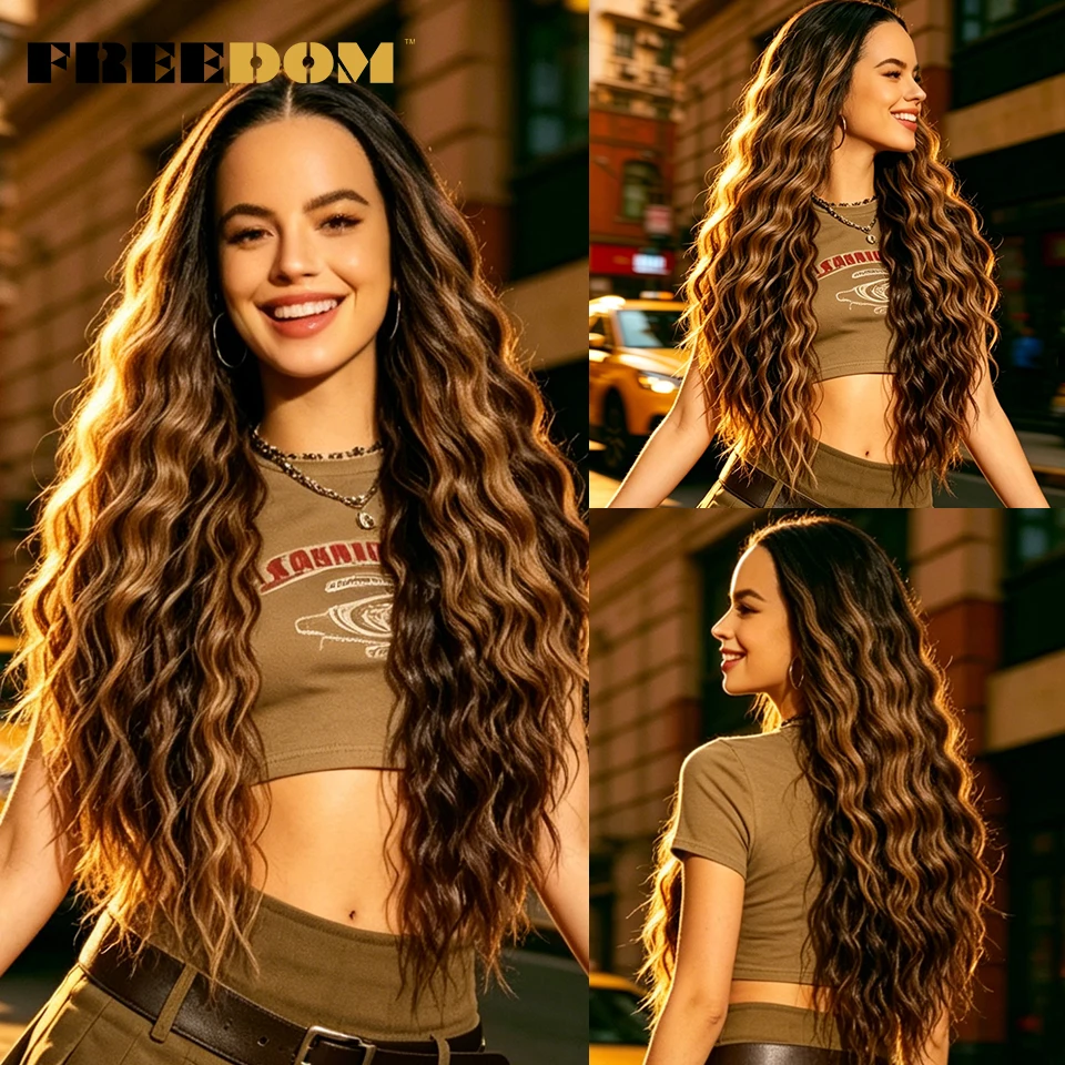 

FREEDOM Synthetic Lace Front Wigs For Women 13x4 Pre Plucked Curly Hair Glueless Wig 30" Ombre Brown Blonde Party Daily Use Wig