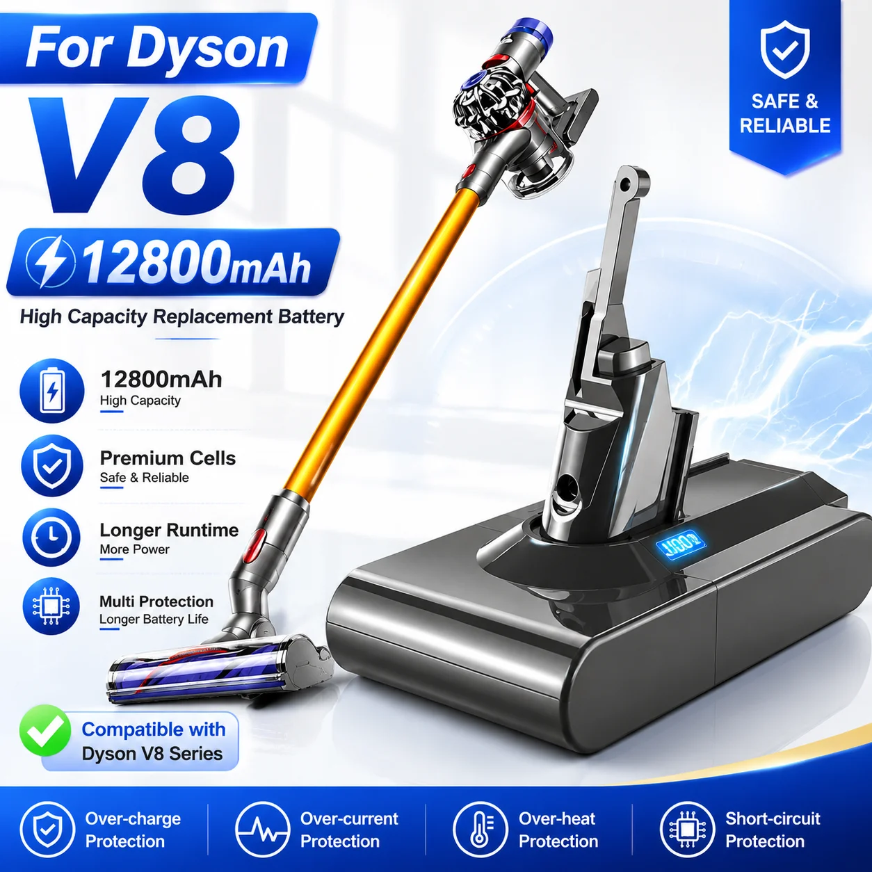 Für Dyson V8 12800mAh 21.6V Akku Werkzeug-Akku V8-Serie, V8 Fluffy Li-Ion SV10 Staubsauger Wiederaufladbarer Akku L70