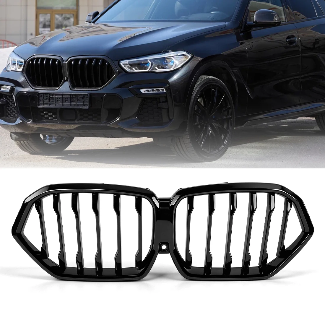 

Car Front Radiator Kidney Bumper For BMW X6 G06 2019 2020 2021-2024 Hood Grille Front Bumper Grille Glossy Black Single Line