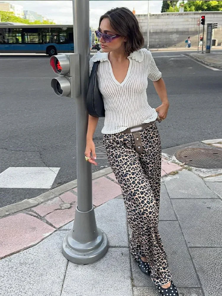 Pantalones con estampado de leopardo para mujer, pantalón holgado elástico de cintura alta con botones, a la moda, de gran tamaño, para otoño, 2024