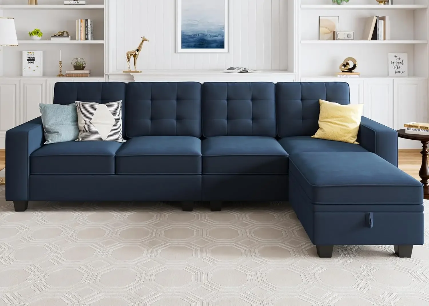 Sofá seccional en forma de L Sofá seccional de 4 plazas de terciopelo con chaise longue reversible para sala de estar, azul oscuro