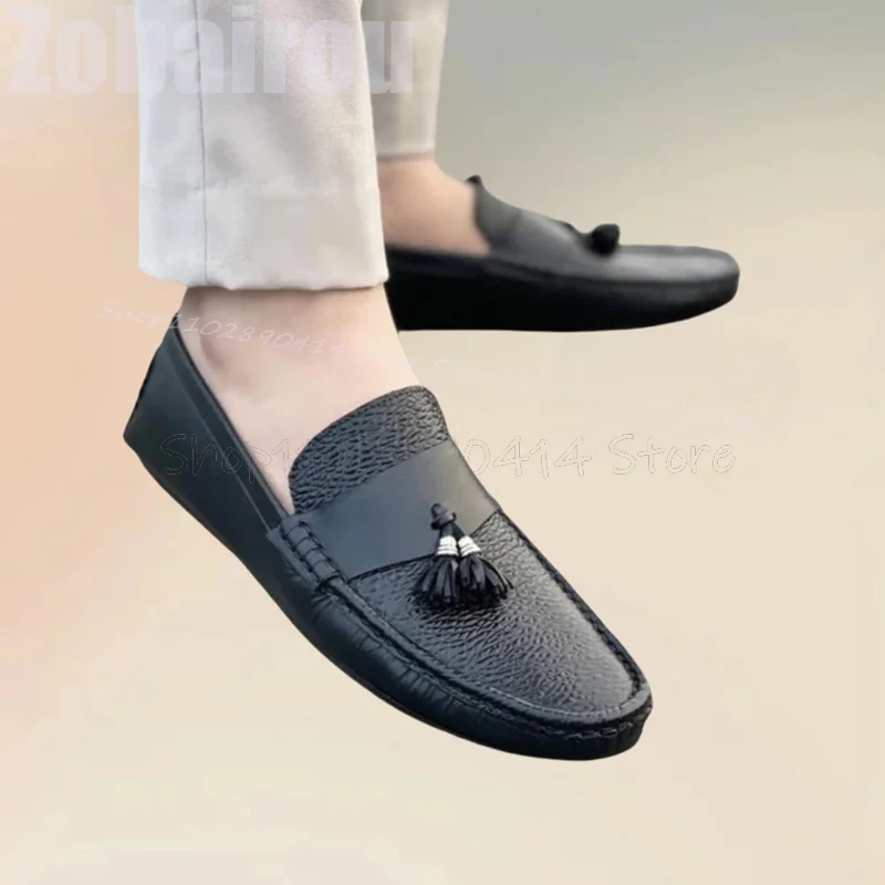 

Black Lychee Print Tassels Decor Sewing Design Loafers Fashion Slip On Men Shoes Luxury Handmade Party Office Men Casual Shoes