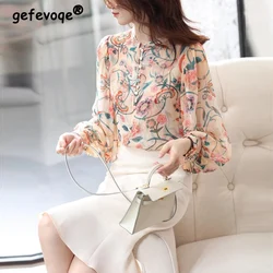 Fashion Elegant Chic Sweet Floral Print Loose Office Lady Shirt Spring Summer Casual Long Sleeve Chiffon Blouse Top Women Blusas