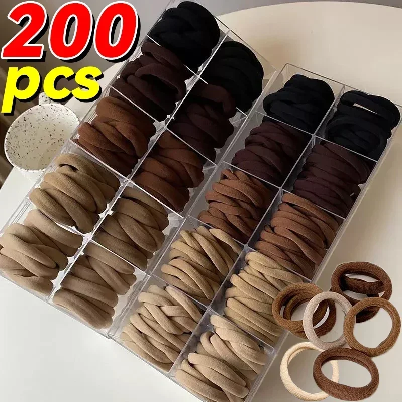 20/200pcs Brown Beige Nylon Hair Rings Women Sweet Girls Basic High Elastic Hairbands Rope Ties Ponytail Holders Headband