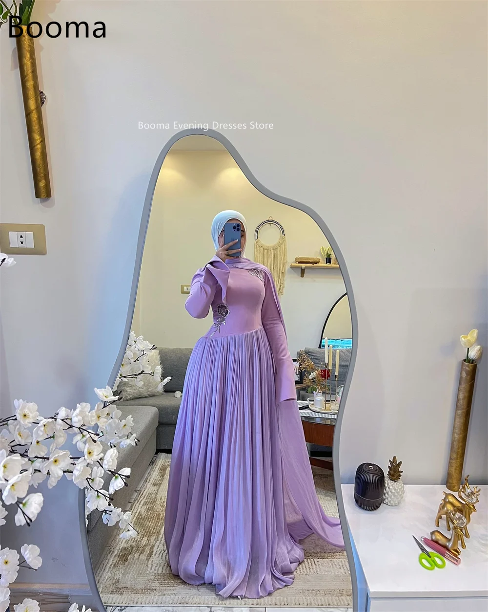 Booma فساتين أنيقة على شكل حرف a مطوي كم طويل رداء حفلات رسمي للنساء فستان حفلات بسيط في المملكة العربية السعودية تخصيص 2025