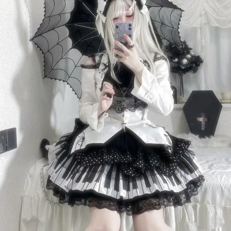 Japanese Subculture Black White Piano Design Lolita Skirt Autumn New Y2k Ruffled Miniskirt Lace Patchwork Punk Ballet Skirts