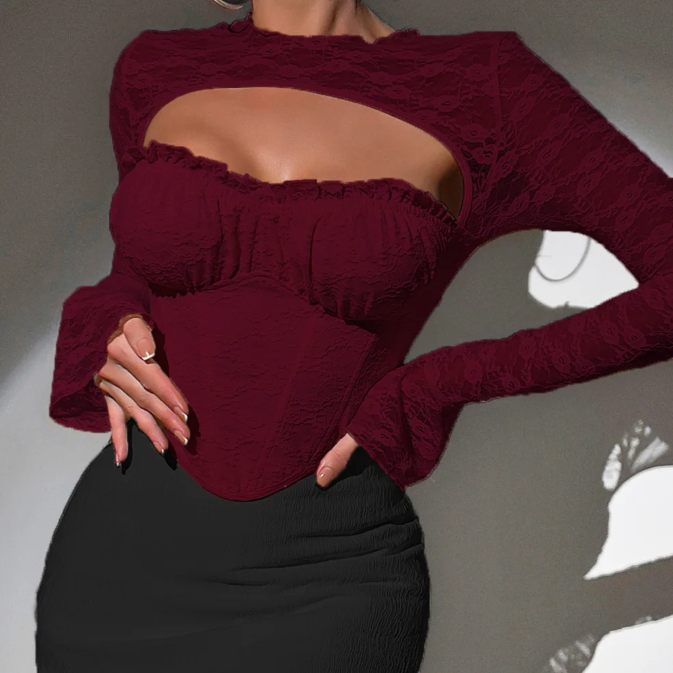 

Sexy Woman Lace Mesh Long Sleeve Corset Tops Slim Fishbone Lingerie Corsets Tank Top Shapewear T-shirt Fashion Camisole Pullover
