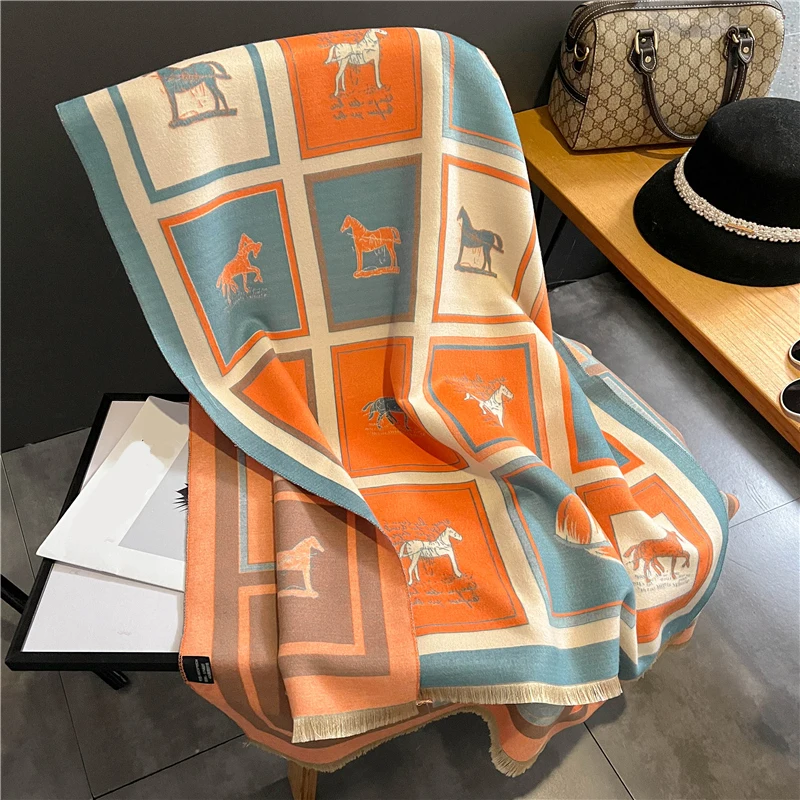 Luxury Cashmere Sacarf For Women Horse Print Thick Winter Blanket With Tassel Large Shawl And Wrap Bufanda Warm Poncho Echarpe