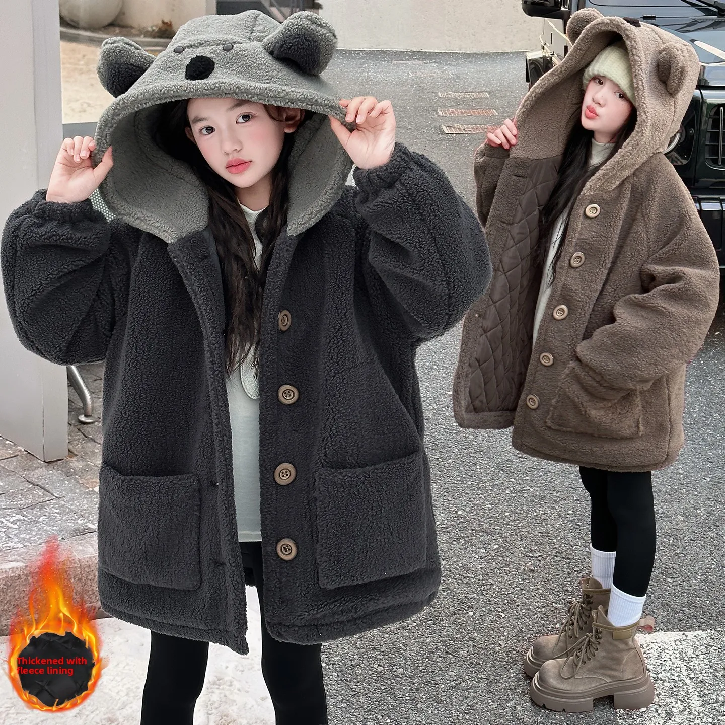 

Thiened Autumn Winter Coat for Girls with Hood Cotton Sandwich Middle School Students Outerwear Winter Jaet for Kids