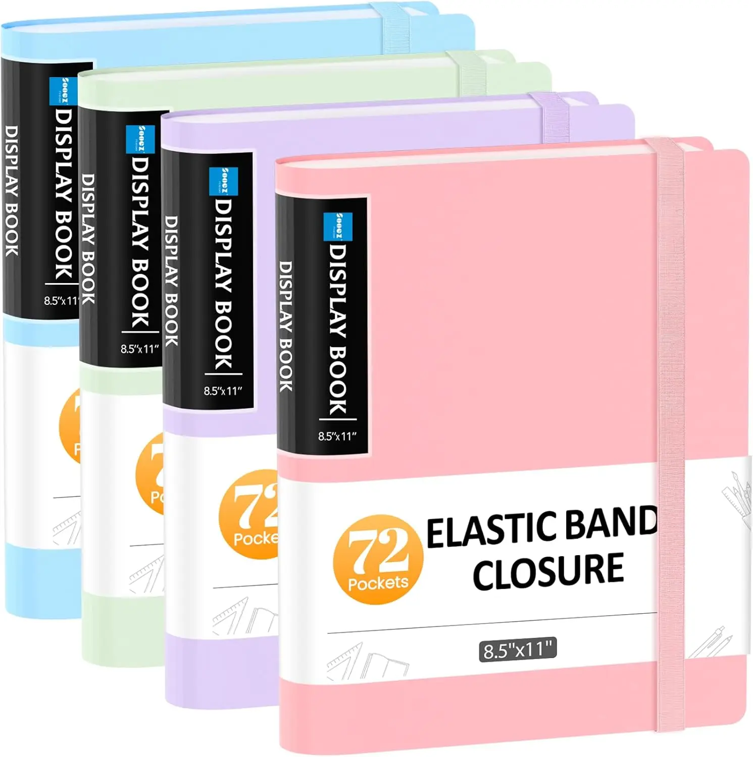 

4 Pack 72 Pocket Binder with Plastic Sleeves, Large Capacity 8.5x11 Display Book, Elastic Band Closure for Secure Protection