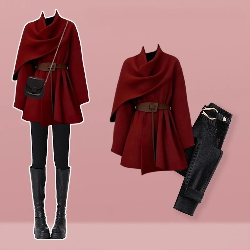 

Женский осенне-зимний корейский изящный красный свитер Lucky, пальто с поясом, джинсовые брюки, комплект из двух предметов, женские вязаные топы, джинсовые костюмы